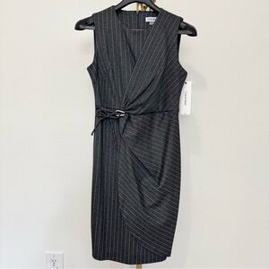 Calvin Klein Gray White Stripes Crew Neck Sleeveless Ruched Wrap Midi Dress, 4P